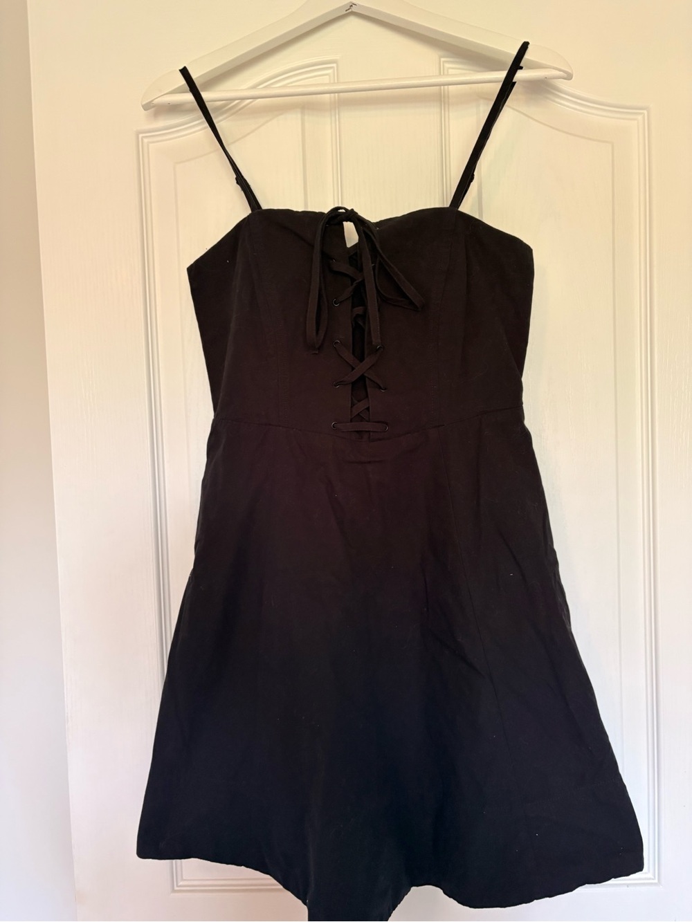 Women's Black Lace-Up Mini Dress with Spaghetti Straps
